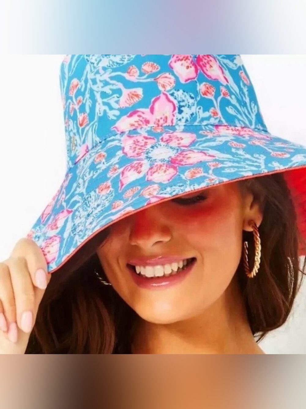 NWOT Lilly Pulitzer, Bahamian Rhapsody, Reversible Canvas Sun ☀️ Hat. NEW 🩵🩷🧡